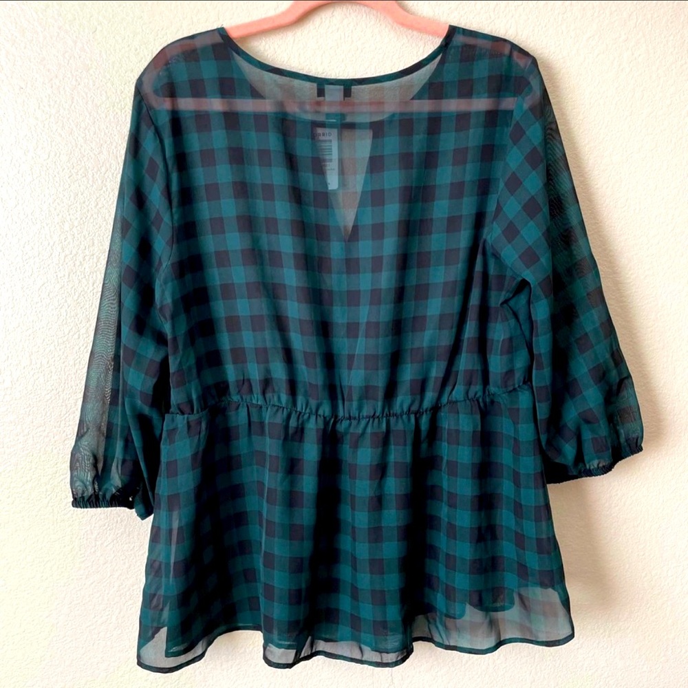 Torrid Gingham Chiffon Surplice Peplum Cutout Blouse Green Black Size 0 Large
